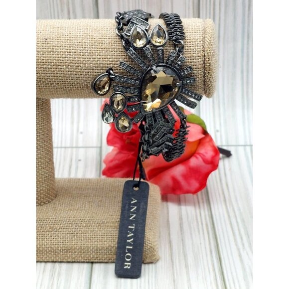 NWT Ann Taylor Statement Bracelet Gun Metal Multi Strand Crystal Accents Toggle - Picture 10 of 12